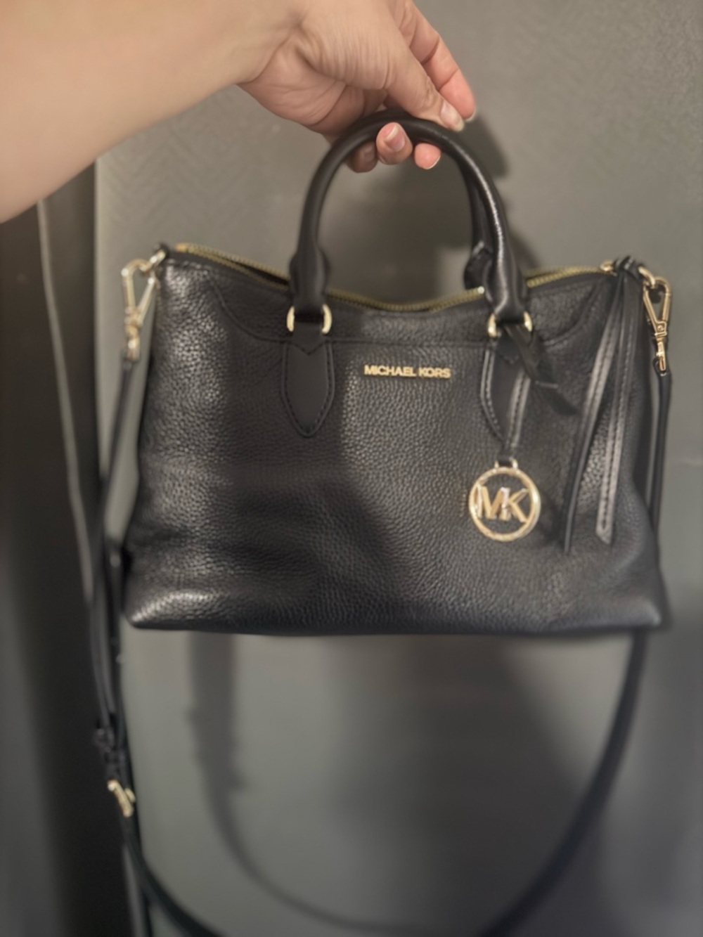 MICHAEL KORS Black Pebble Leather Satchel with Gold Accents